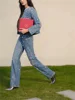 Women Denim Set Pearl Flower Embellished 2025 Spring Lady O-Neck Single Breasted Short Jacket or High Waisted Straight Jeans 2