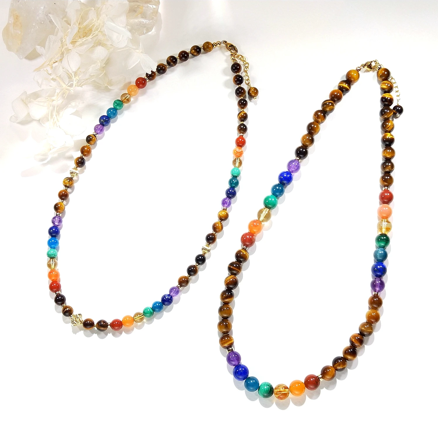 

Lii Ji Tiger Eye's Rainbow 7 Chakras Natural Stone 6mm/8mm 14K Gold Filled Pendant Necklace For Women Girls Gift