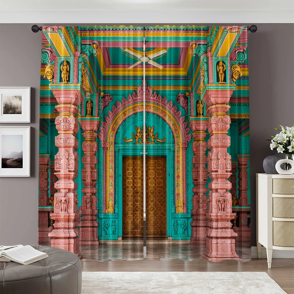 2pcs, spring summer Curtains Indian temple theme Yarn Curtains Versatile Polyester Decorations Ldeal for Living Room, Bedroom, 2