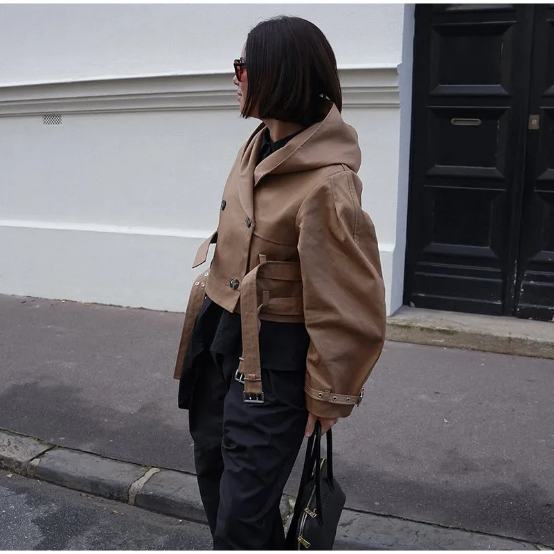 Doppel Gürtel Mit Kapuze frauen Jacke Chic Volle Hülse Taste Kurze Weibliche Jacken 2025, Herbst Mode Neue High Street dame Outwears – Detail 17