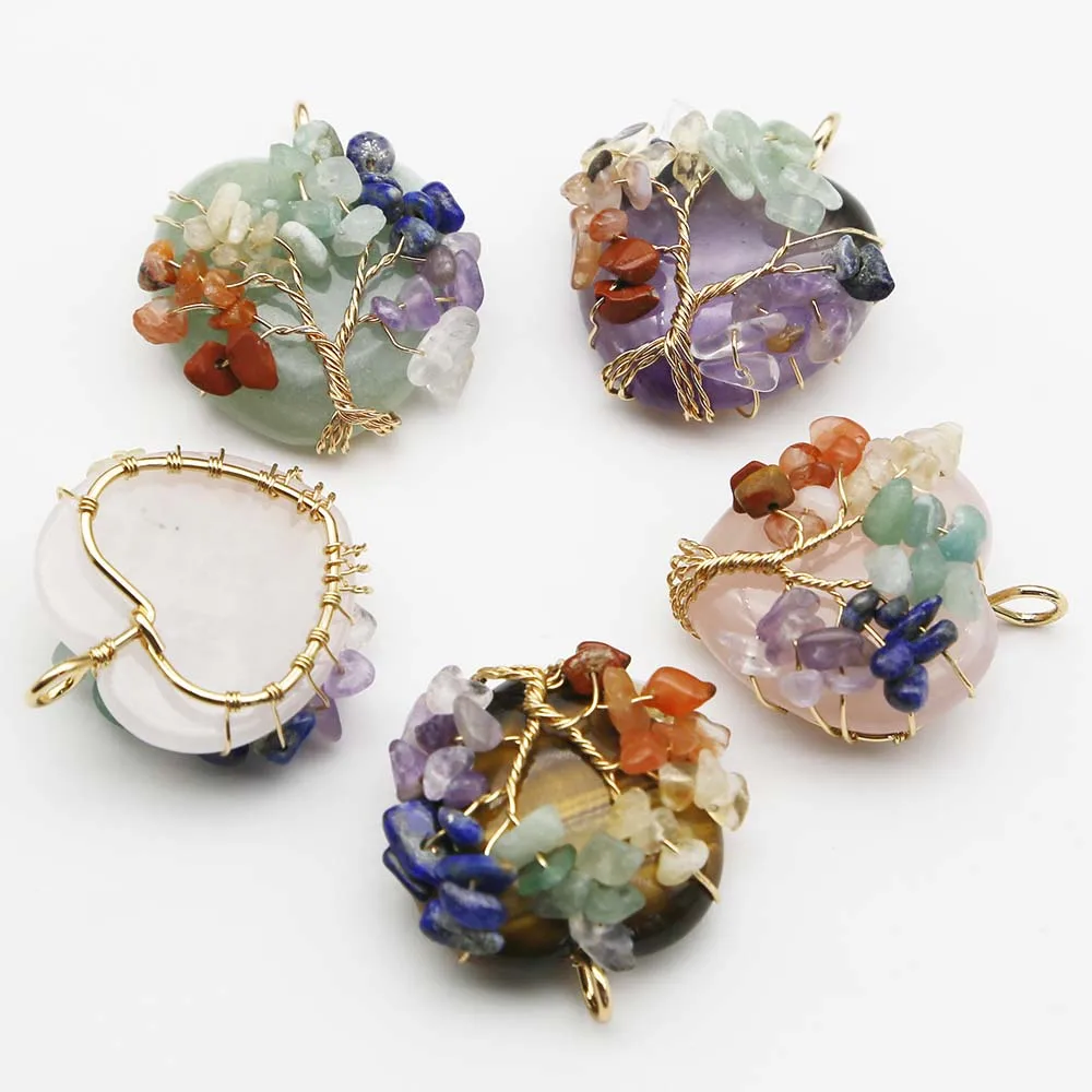 Natural Stone Heart Colorful Fortune Life Tree Pendants Amethyst Rose Quartz Necklace Charms Fashion Jewelry Gift Wholesale 4Pcs