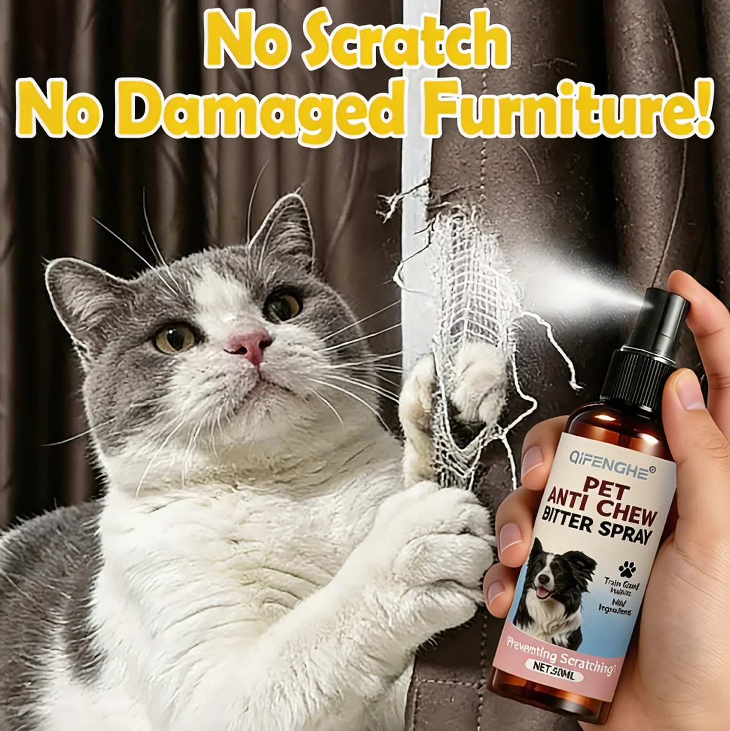 QIFENGHE 50ML 고양이 퇴치 스프레이, 천연 고양이 훈련용 스프레이, 고양이와 새끼 고양이를 위한 긁힘 방지, 씹기 및 핥기 방지