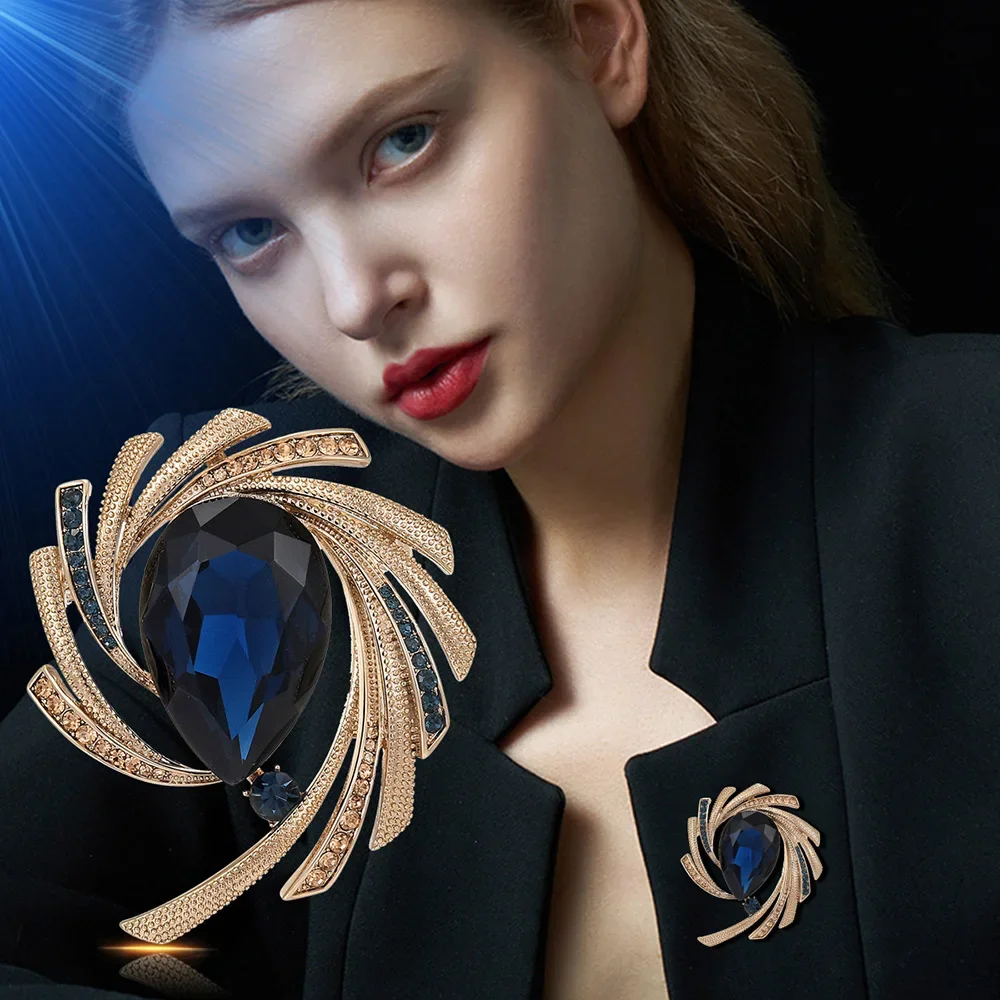 Female Retro Waterdrop Brooches Women Elegant Luxury Blue Yellow Crystal Temperament Jewelry Clothing Accessories Safety Pins