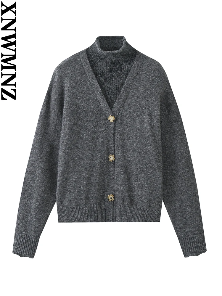 

XNWMNZ Women's Fashion 2023 Autumn/Winter Contrast Semi-sheer Knitted Sweater Women High Neck Long Sleeve Female Pullover