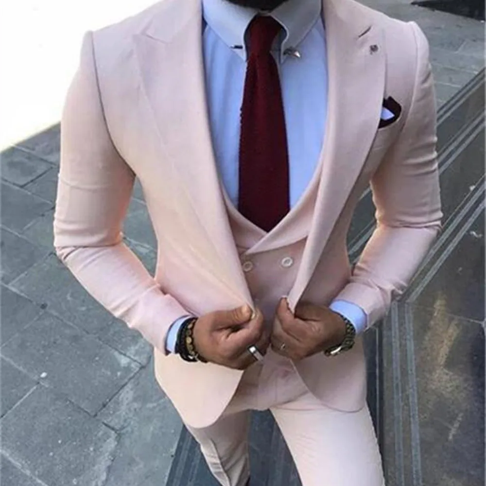 

New Arrival Pink Shawl Lapel Wedding Prom Men Suits One Button Groom Tuxedos Terno Masculino Costume Homme Slim Fit Blazer 3 Pcs