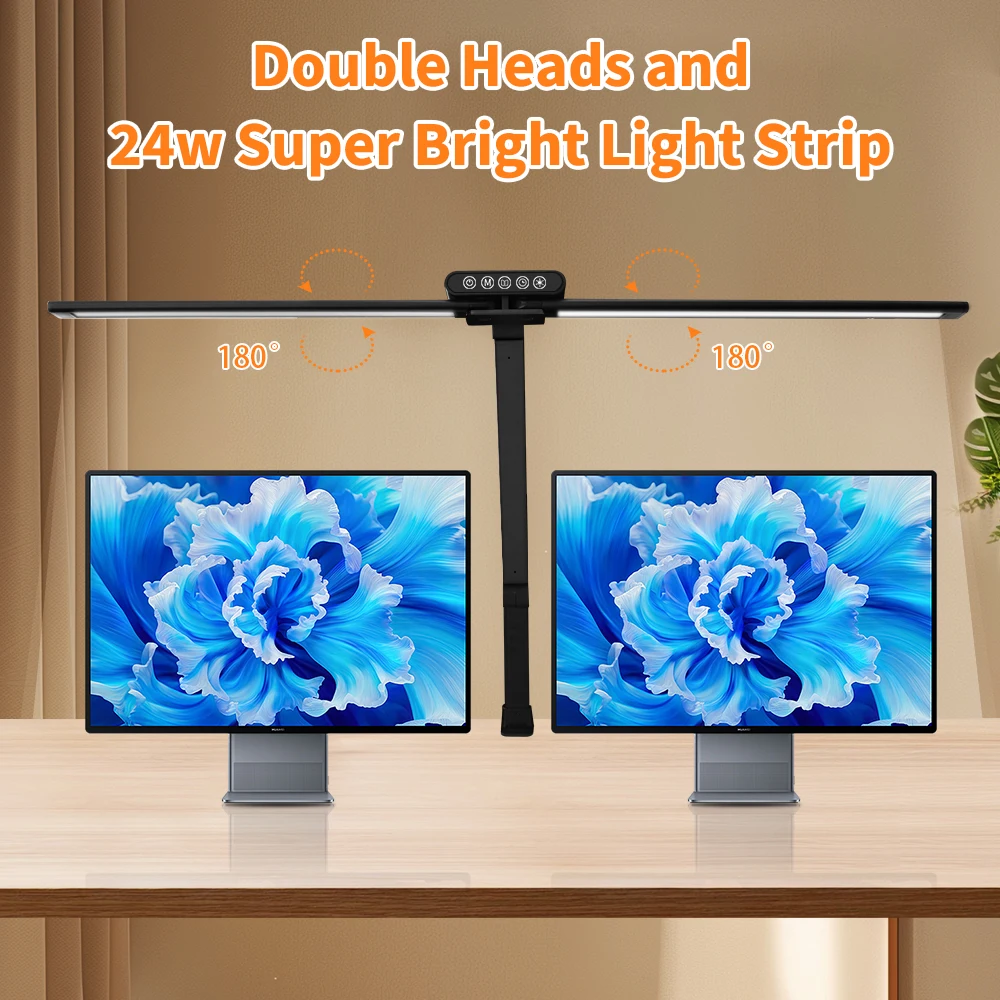 24W Double Head Desk Lamp with Clamp Led Desk Lights for Home Office 4 Brightness 4 Color Auto Dimming Task Lamp 4