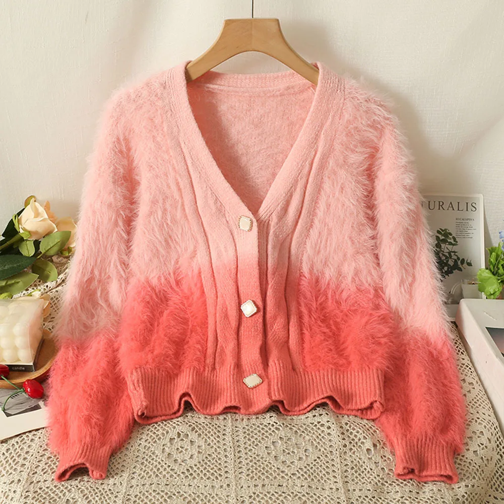 

Gradient 5 Color Fashion Mink Knitted Cardigan Women Long Sleeve V-neck Sweater Coat Tops Autumn Winter Soft Cozy Jumpers Jacket