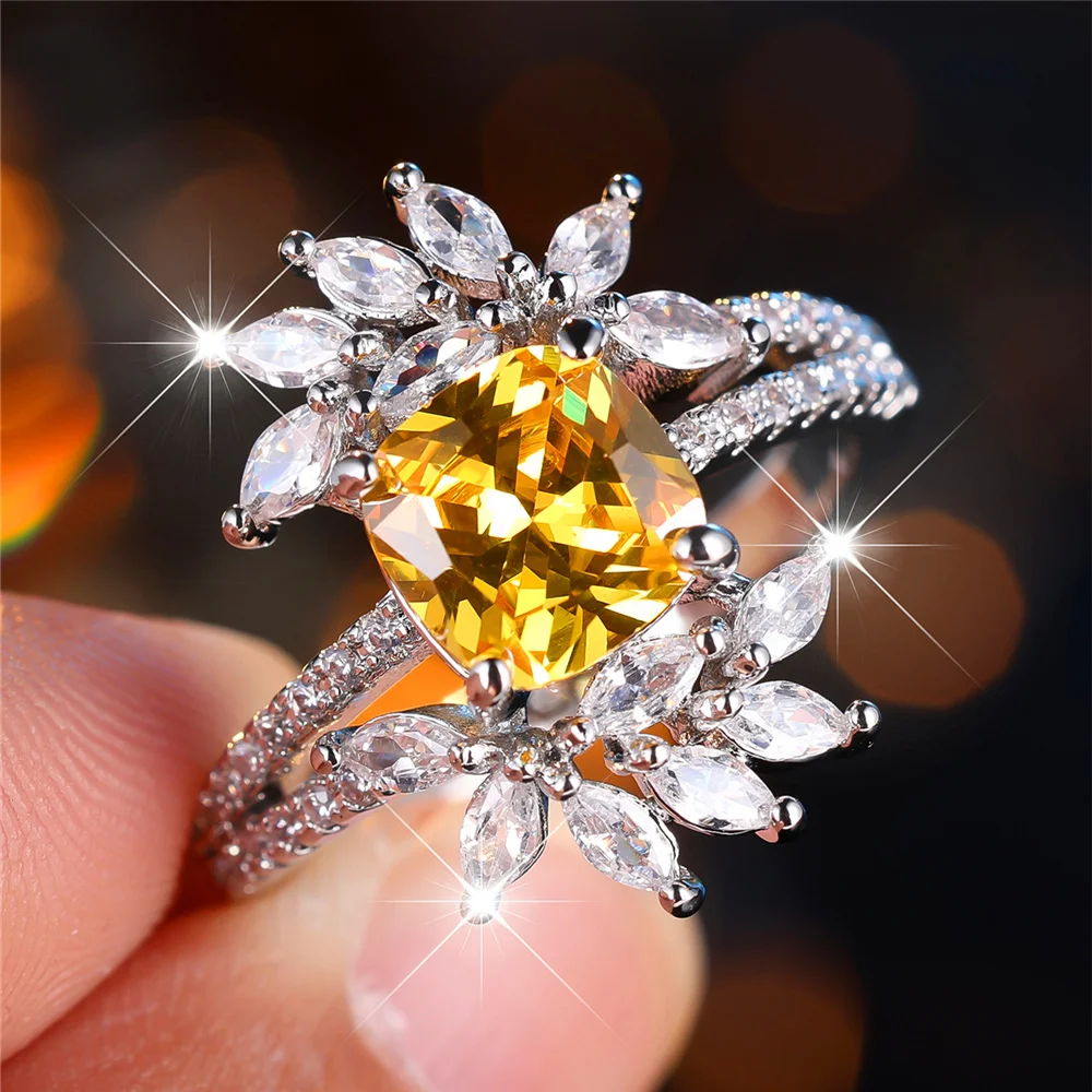 Luxury Female Yellow Zircon Stone Finger Ring Vintage Silver Color Wedding Band Bridal Jewelry For Women