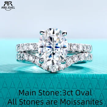 AnuJewel 3ct (Total 3.64ct) Oval Cut D Color Moissanite Bridal Ring Set Wedding Band Silver Rings With Cer Jewelry Wholesale