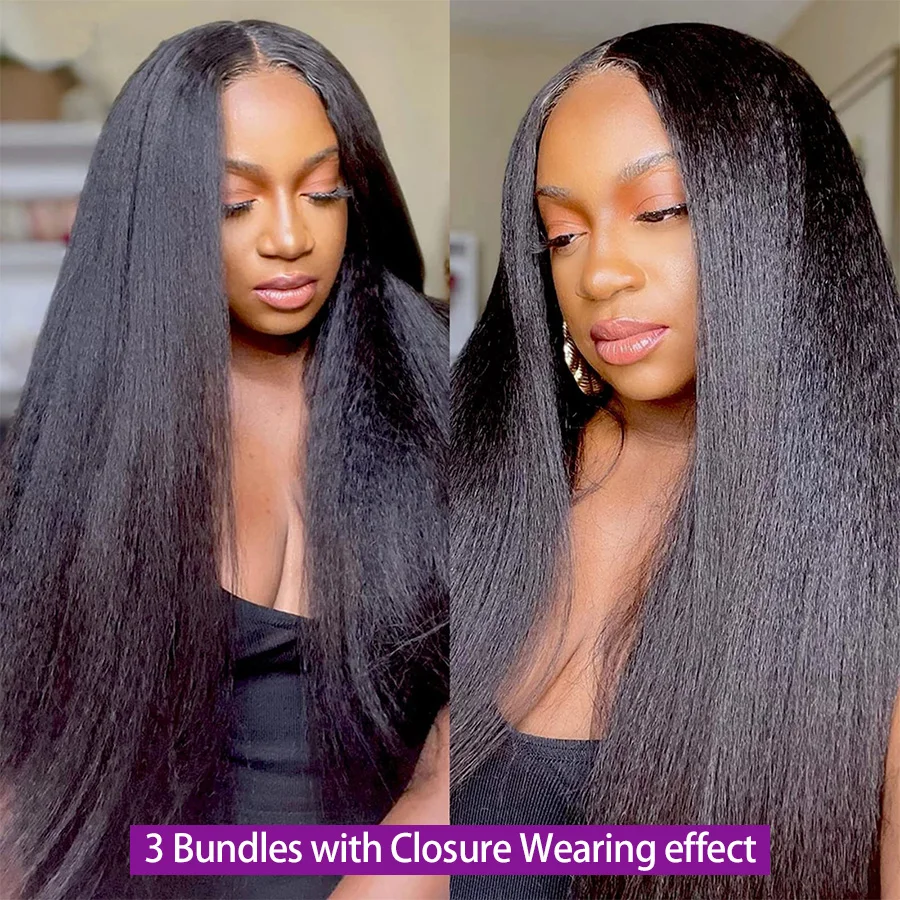 

Kinky Straight Human Hair Bundles with 6x6 Lace Closure 3 Bundles Yaki Bundles Brazilian Remy Human Hair Extension for Women