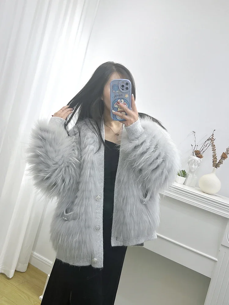 Real Fox Fur Coat Female Raccoon Hair Braided Short Young Solid Fashion Slim Fur Knitted Office Lady Women's Clothes Winter 2023