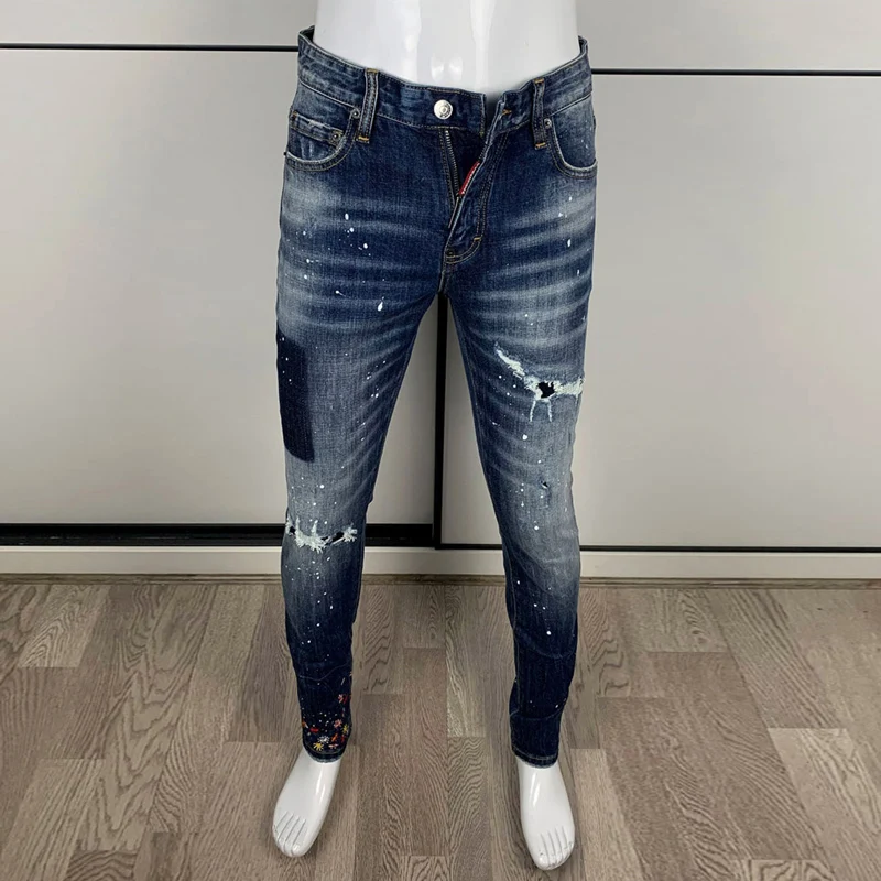 Street Fashion Men Jeans High Quality Retro Blue Stretch Skinny Ripped Jeans Men Embroidery Designer Hip Hop Brand Pants Hombre