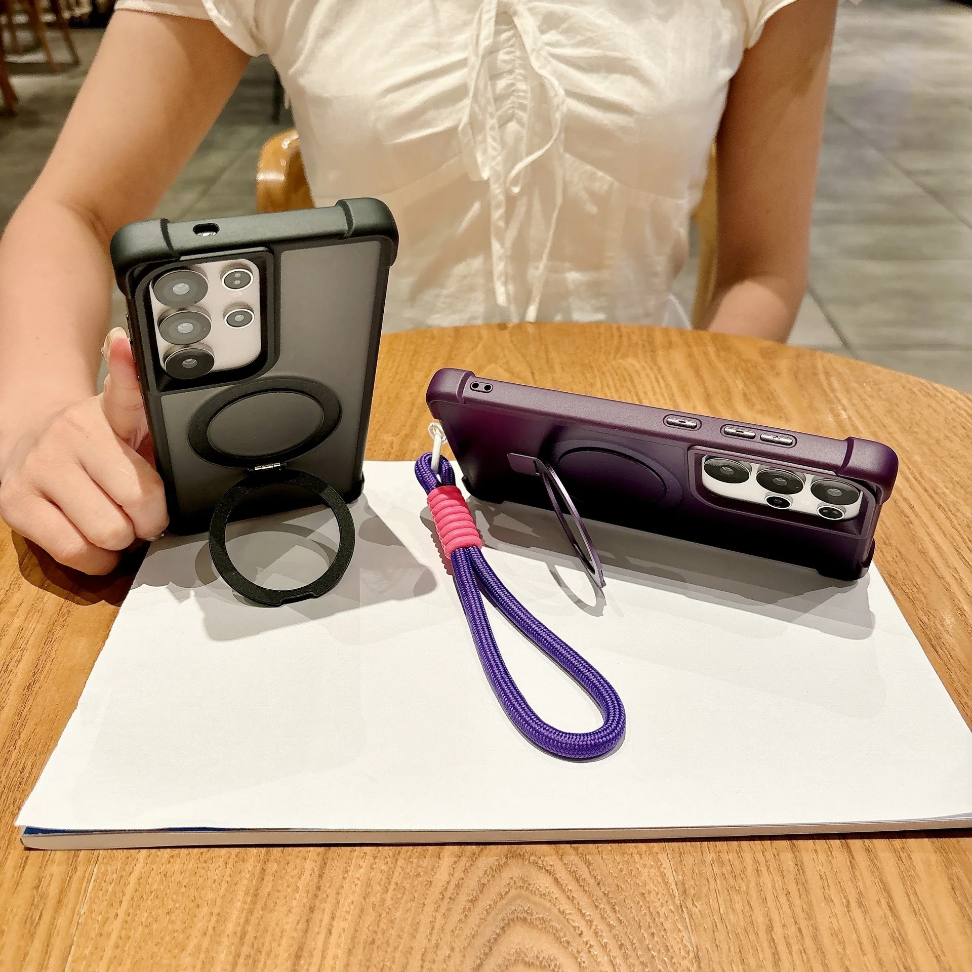 Armor Folding Magnetic Ring Stand Wrist Strap Shockproof Protective Phone Case