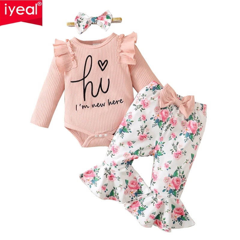 

IYEAL Girls' 2023 Spring and Autumn New Set Letter Print Long Sleeve Top+Flower Flare Pants+Headband Three-piece Set