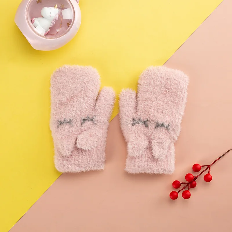 4-10 Years Children Mittens Girl Winter Plus Velvet Furry Gloves Kids Soft Full Finger Warm Girls Gloves