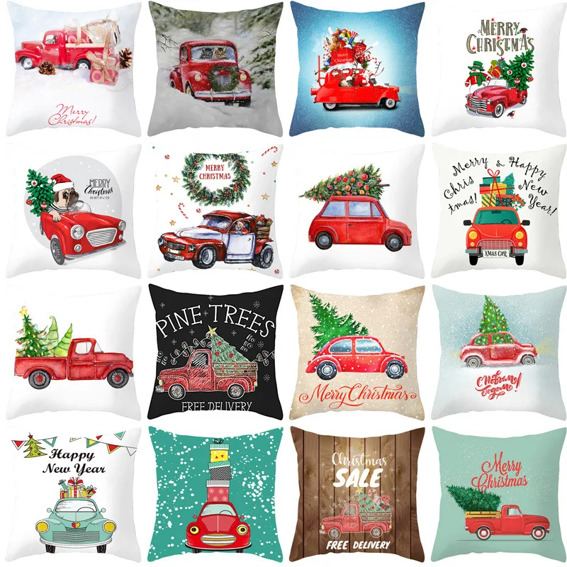 Merry Christmas Decorative Pillowcase Red Car Xmas Tree Santa Claus Waist Cushion Cover Home Sofa Chair Square Pillow Case Decor