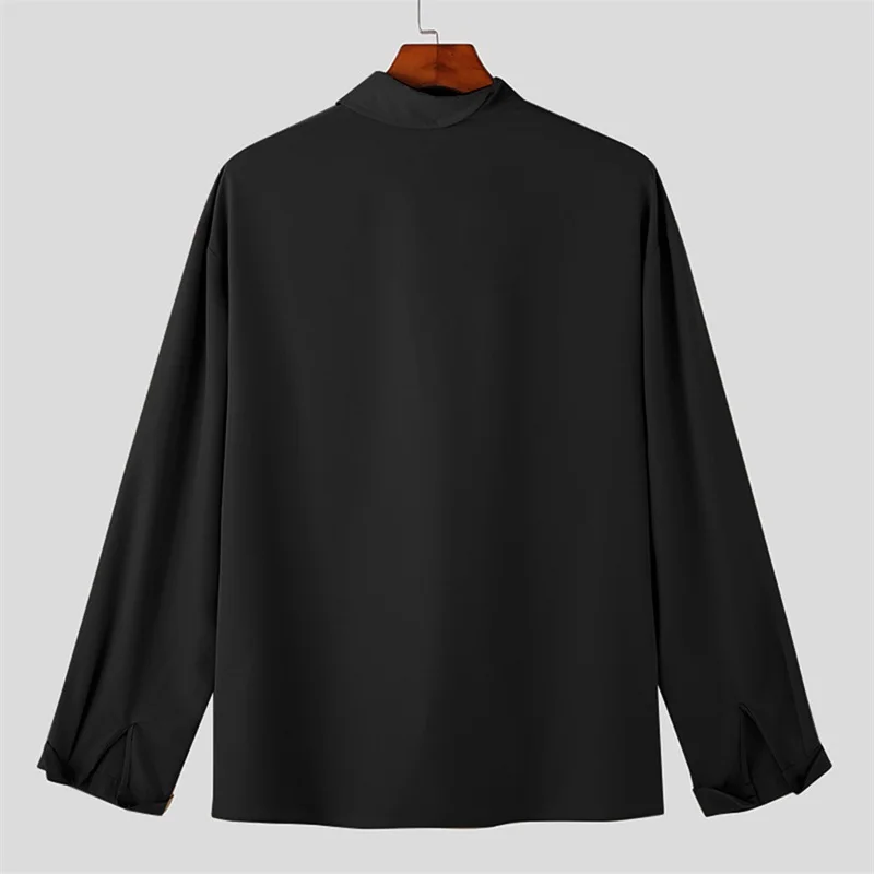 Men s Fashionable Spring Autumn Long Sleeve Stand Collar Shirt with Unique Oblique Button Design and Solid Color Detail