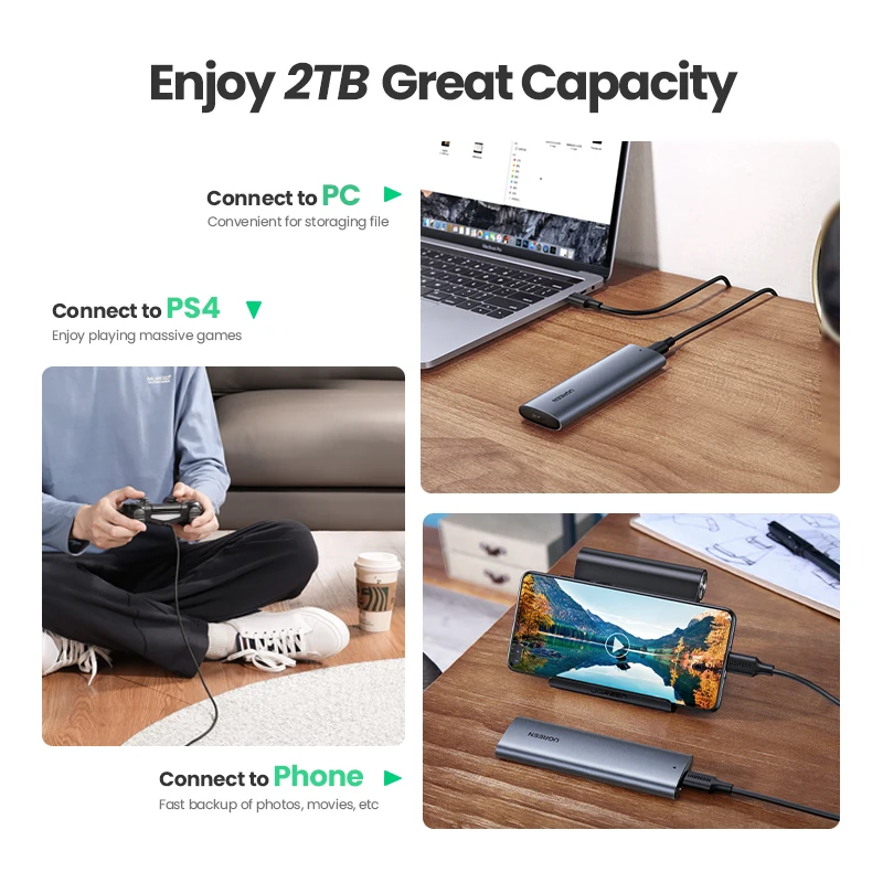 UGREEN M.2 NVMe SSD Enclosure Adapter Aluminum 10 Gbps USB C 3.1 Gen 2 to NVMe PCIe M-Key Solid State Drive External Enclosure solid state drive external hard drive external hard drive case ssd enclosure hard drive enclosure hard disk case external hard drive box hdd case enclosure hard drive adapter ssd adapter