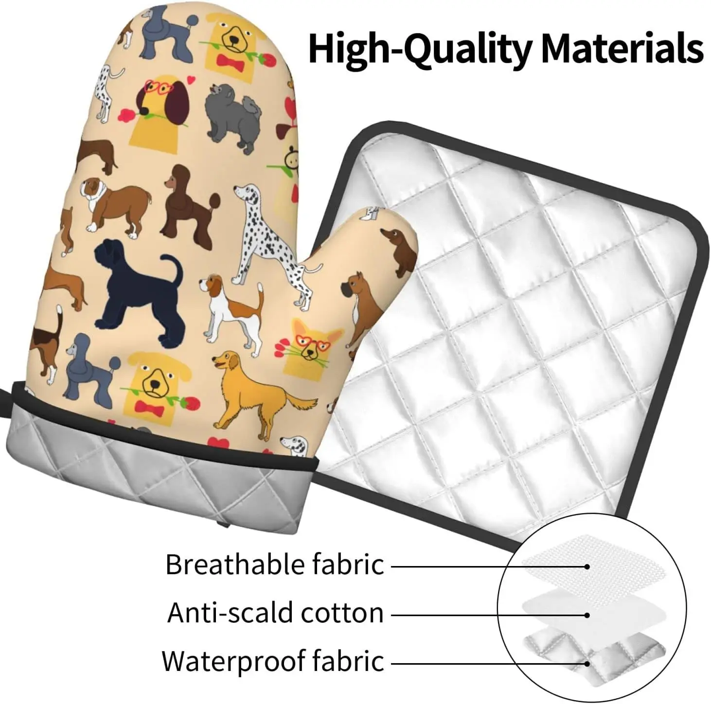 Dog with Flower Oven Mitts Pot Holders Set Heat Resistant Waterproof Gloves for Kitchen Cooking Baking BBQ