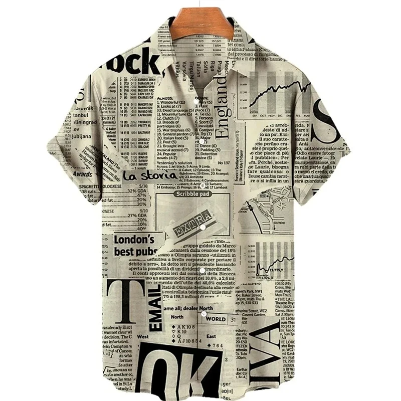 thumbnail image 1 of Camisa hawaiana con estampado 3D de periódico para hombre, camisas casuales de moda de uso diario, camisas de manga corta, blusas con botones, ropa unisex de gran tamaño con solapa 2024, 1 of 5
