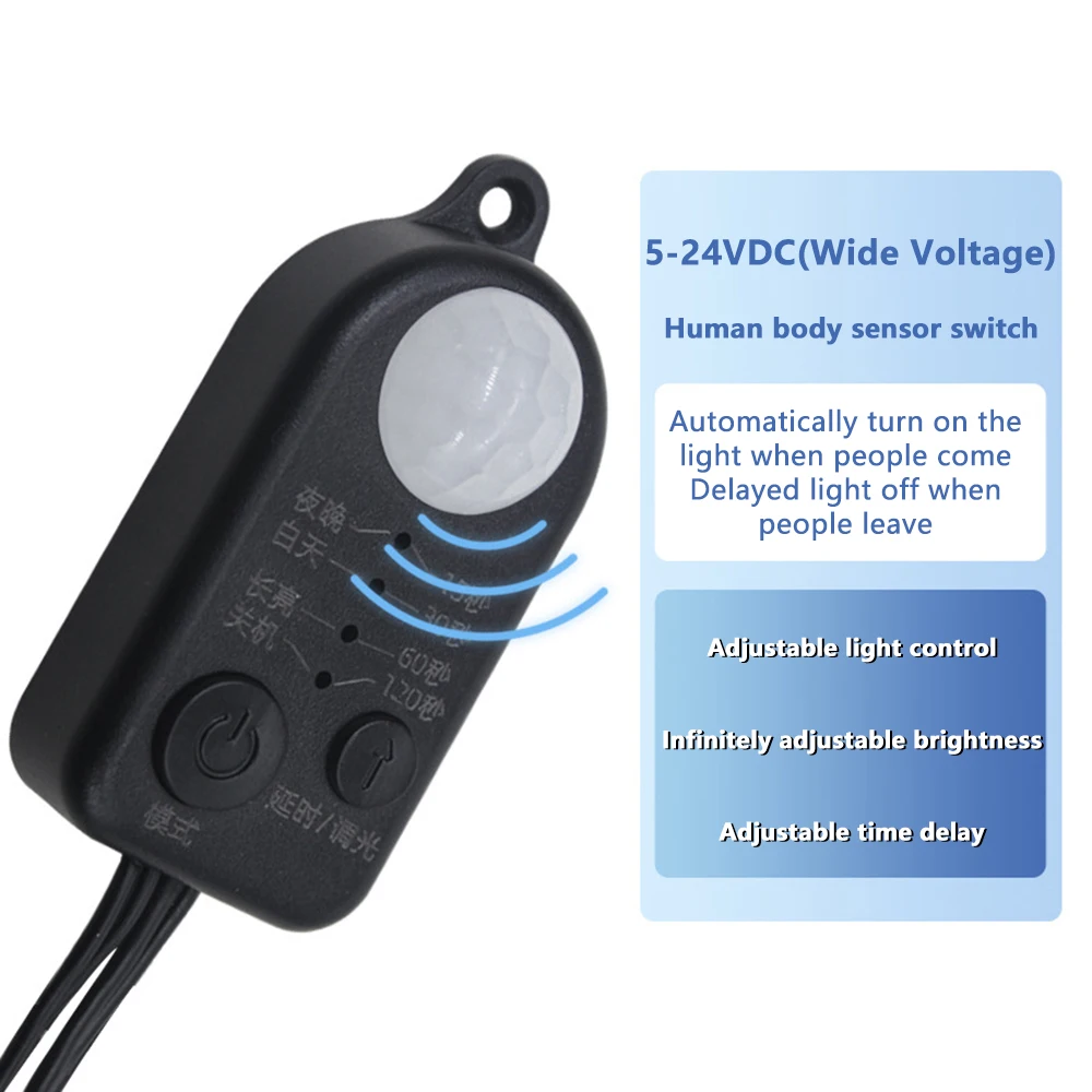 Interruttore Sensore Movimento PIR 5-24V DC Per Strisce LED - Regolabile 2-360 Sec, Mini - 5