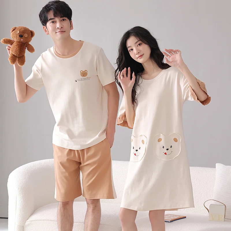 큰 사이즈 M-4XL 커플 잠옷 세트 여름 남성 반팔 잠옷 여성 잠옷 100% 코튼 홈 슈트