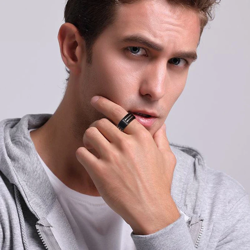 Stylish Black Mens Initial Ring, Waterproof Stainless Steel A-Z Letter Wedding Bands for Male Boys Finger Gift Jewelry 2