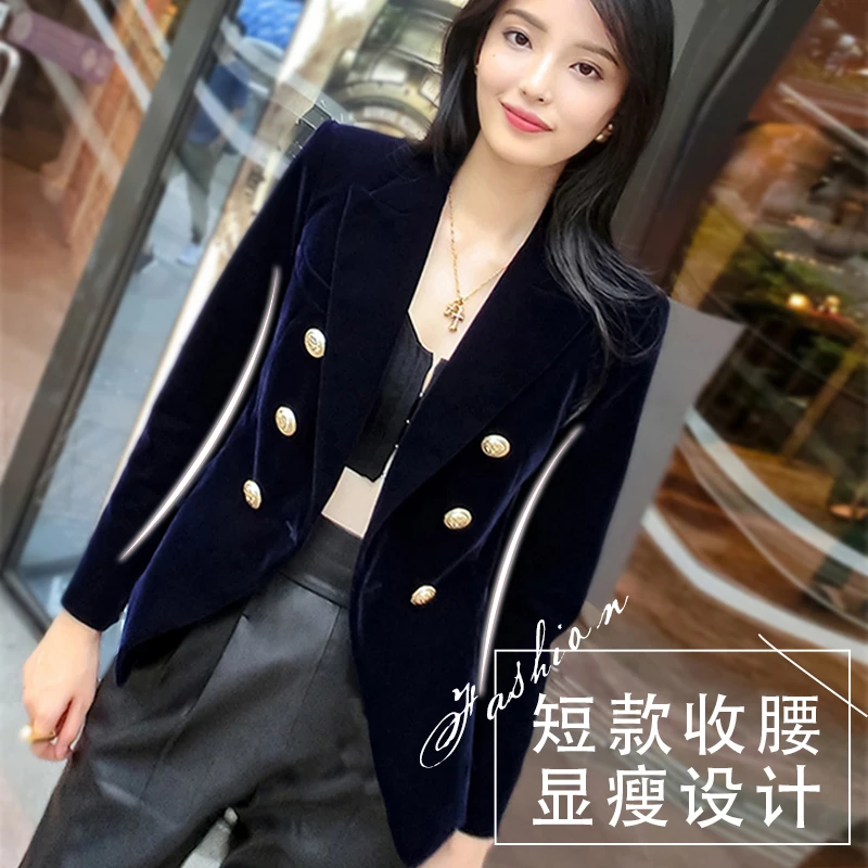 

Golden velvet suit jacket women spring and autumn new leisure Korean version slim double breasted suit top blazer women jacket