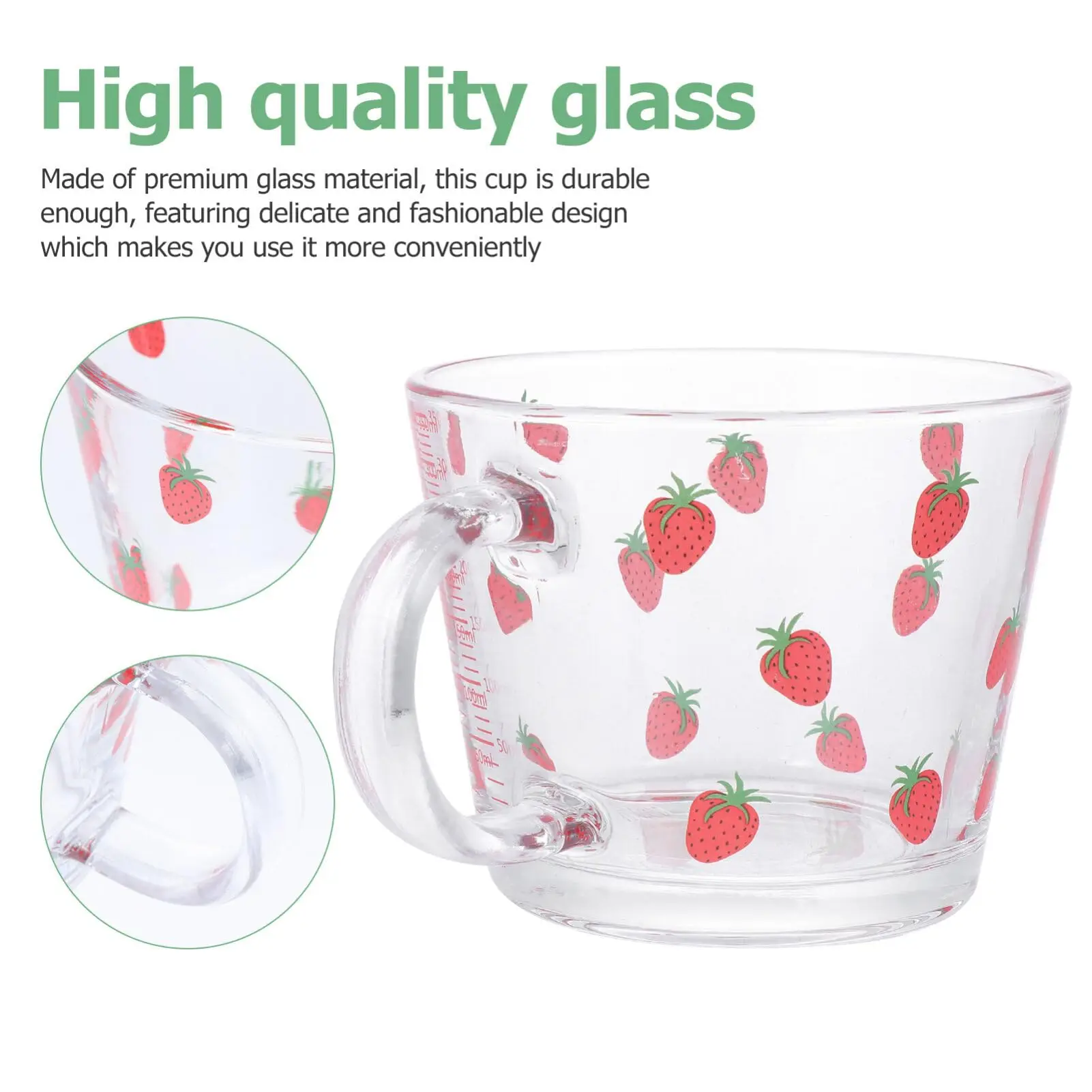 Strawberry Glass Measuring Cup 350ml/12oz-Tempered Glass, Handle-Perfect for Milk, Juice, Cappuccino Accurate Measurements