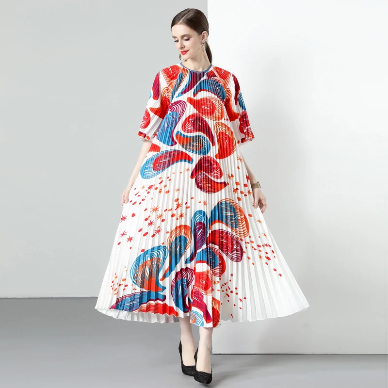 

2023 New Fashion Round Neck Printed Pleated Dress Women's Summer Versatile 3/4 Sleeve Loose Fit Casual Holiday Dress Vesidos