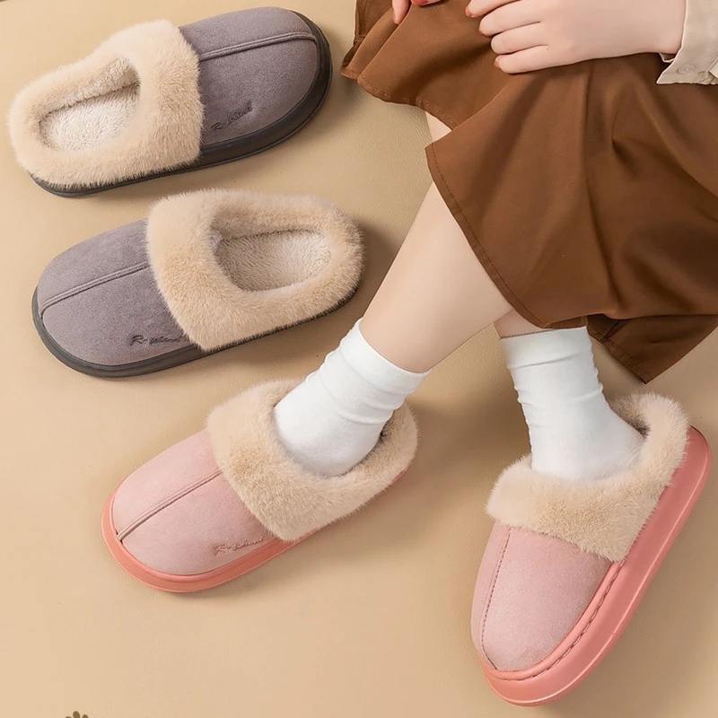 2025 Winter Platform Cotton Slippers Women Letters Thick Bottom Warm Plush Slides Woman Comfortable Fluffy Couple Home Shoes