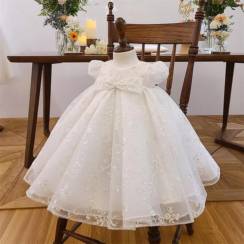 

Baby Girls Long Length Dresses for Christening Party Lace Big Bow Dresses Infant Girl 1st Birthday Princess Ivory Baptism Dress