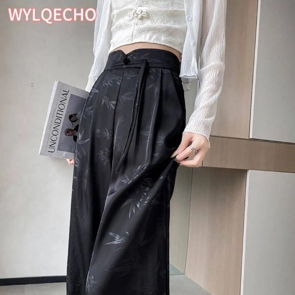 New Chinese Style Satin Jacquard Wide Leg Pants Women Spring and Summer New High-waisted Slim Casual Sweatpants Vintage