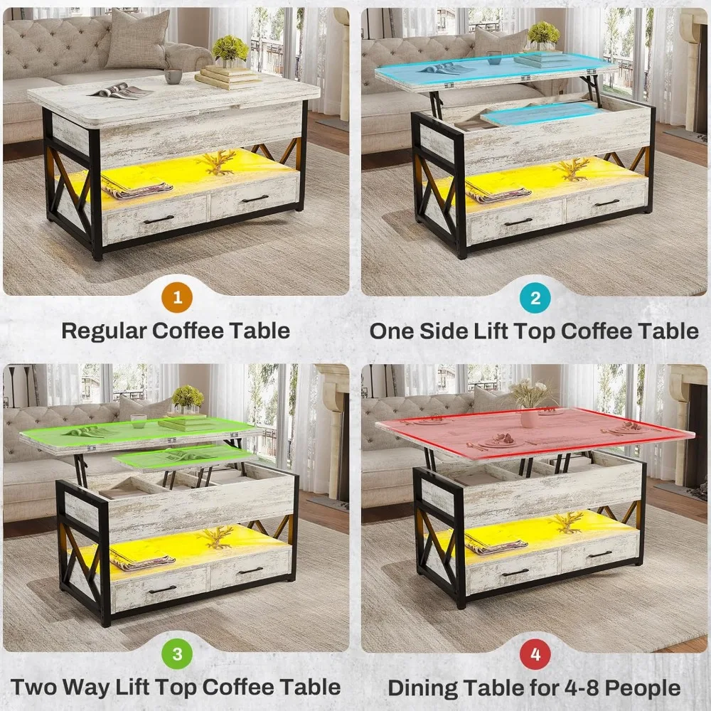 40" Lift Top Coffee Table, 4 in 1 White Coffee Tables with Storage for Living Room,Small Coffee Table with 2 Drawers & LED Light 4