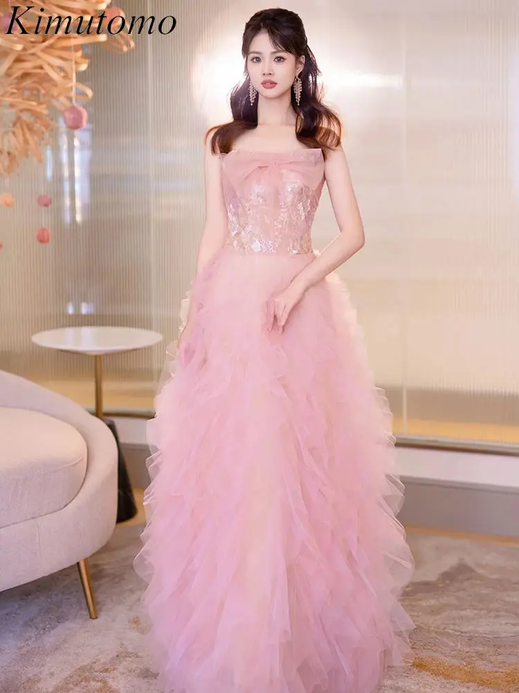

Kimutomo Strapless Mesh Ruffles Pink Party Dress Bow Sequined Princess Style Engagement Dresses French Celebrity Evening Gown