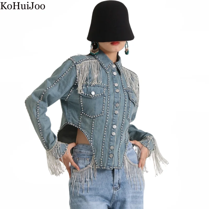 

Kohuijoo Heavy Diamond Ladies Denim Jacket Autumn Rhinestone Long Sleeve Short Fashion Coat Female Design Slim Jeans Jackets