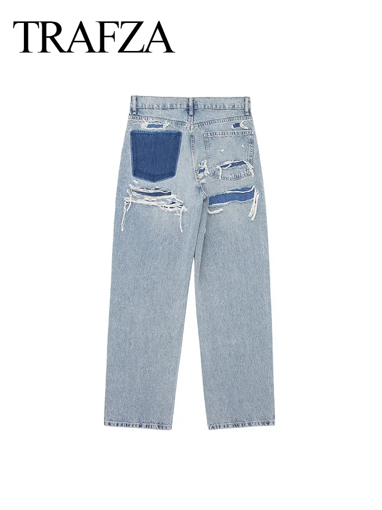 TRAF 2024 Fashion Women Casual Loose High Waist Blue Denim Trousers Female Wide Leg Jeans Long Pants High Street Ripped Jeans