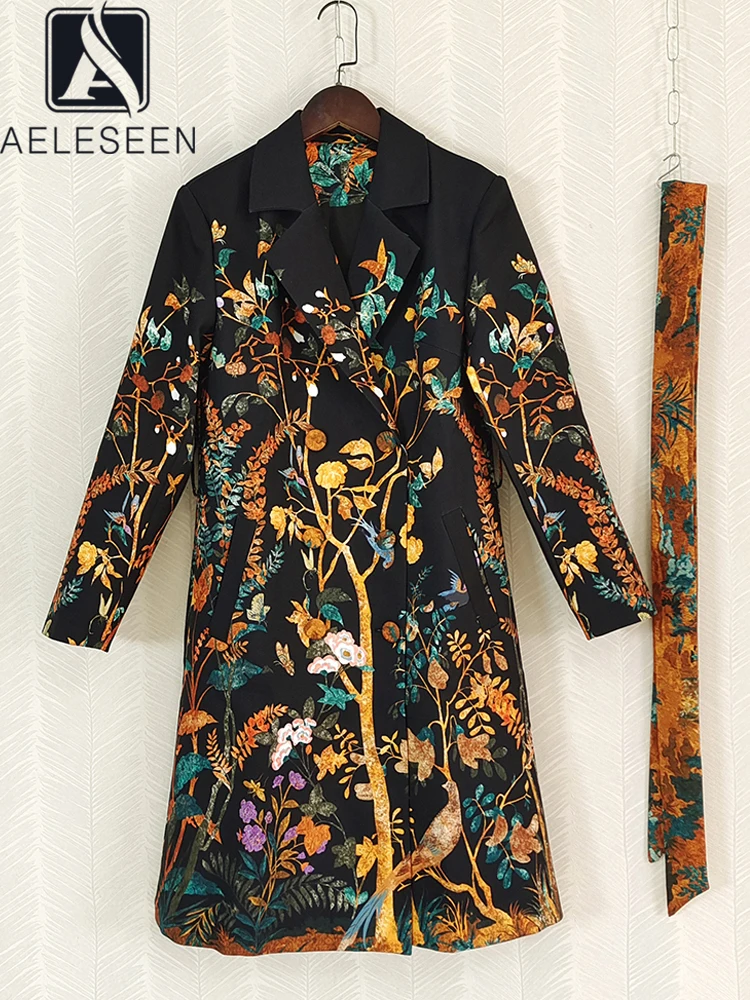 

AELESEEN Vintage Women Long Coat 2023 Autumn Winter Flower Birds Print Rur-down Collar Belt Elegant Party Trench