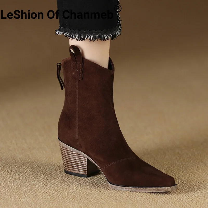 

LeShion Of Chanmeb Kid Suede Boots Women Burgundy Block High Heel Western Cowboy Boots Woman Pointy Toe Zipper Shoes Winter Fall