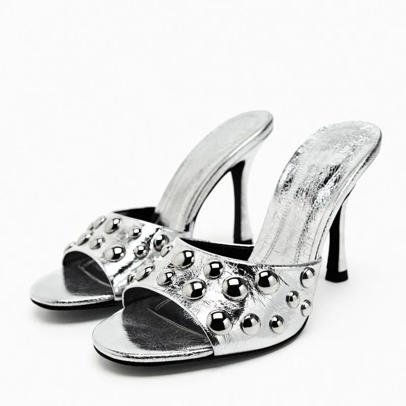 

2023 Summer Silvery High Heeled Sandals For Women Squared Toe Studded Slides Shoes Female Sexy Heels Woman New Gold Sandal