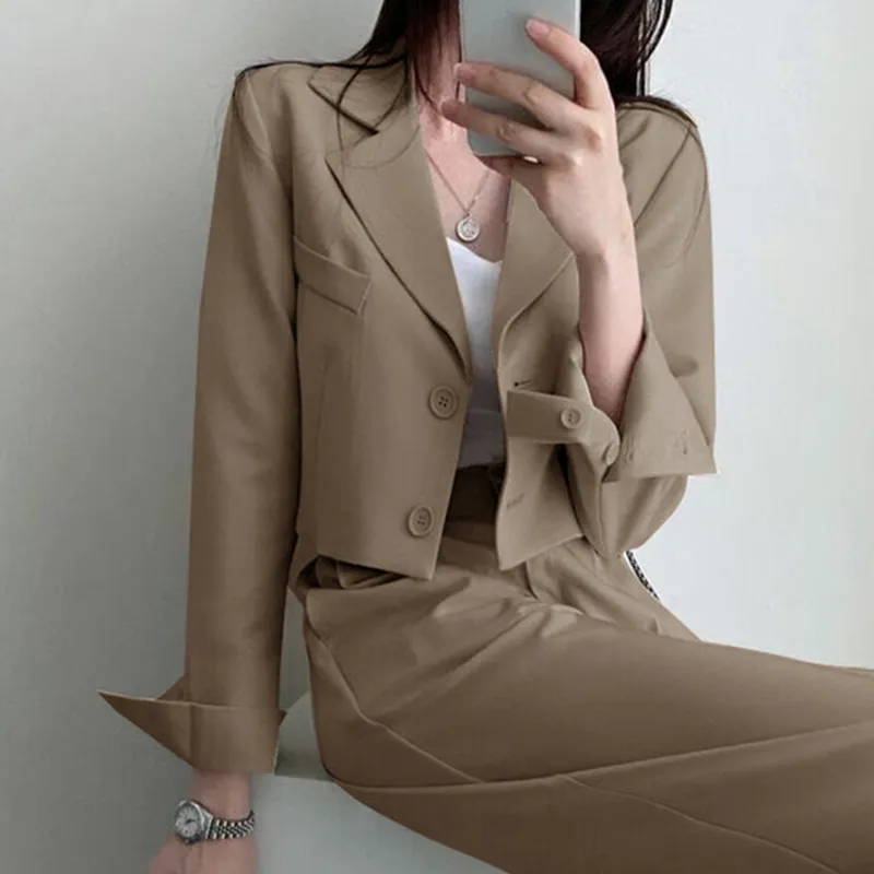 Women Casual Blazer Pants Office Lady Long Sleeve Short Tops Jacket High Waist Wide Leg Long Trouser Suit Female Fashion Outfit