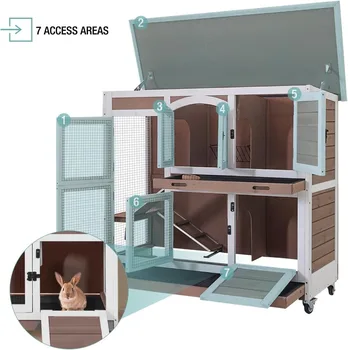 Rabbit Hutch Indoor Bunny House Guinea Pig Cage with Sliding Plastic Trays, Wheels & Ramp, Multi-Door Wooden Small Animal Cage 4