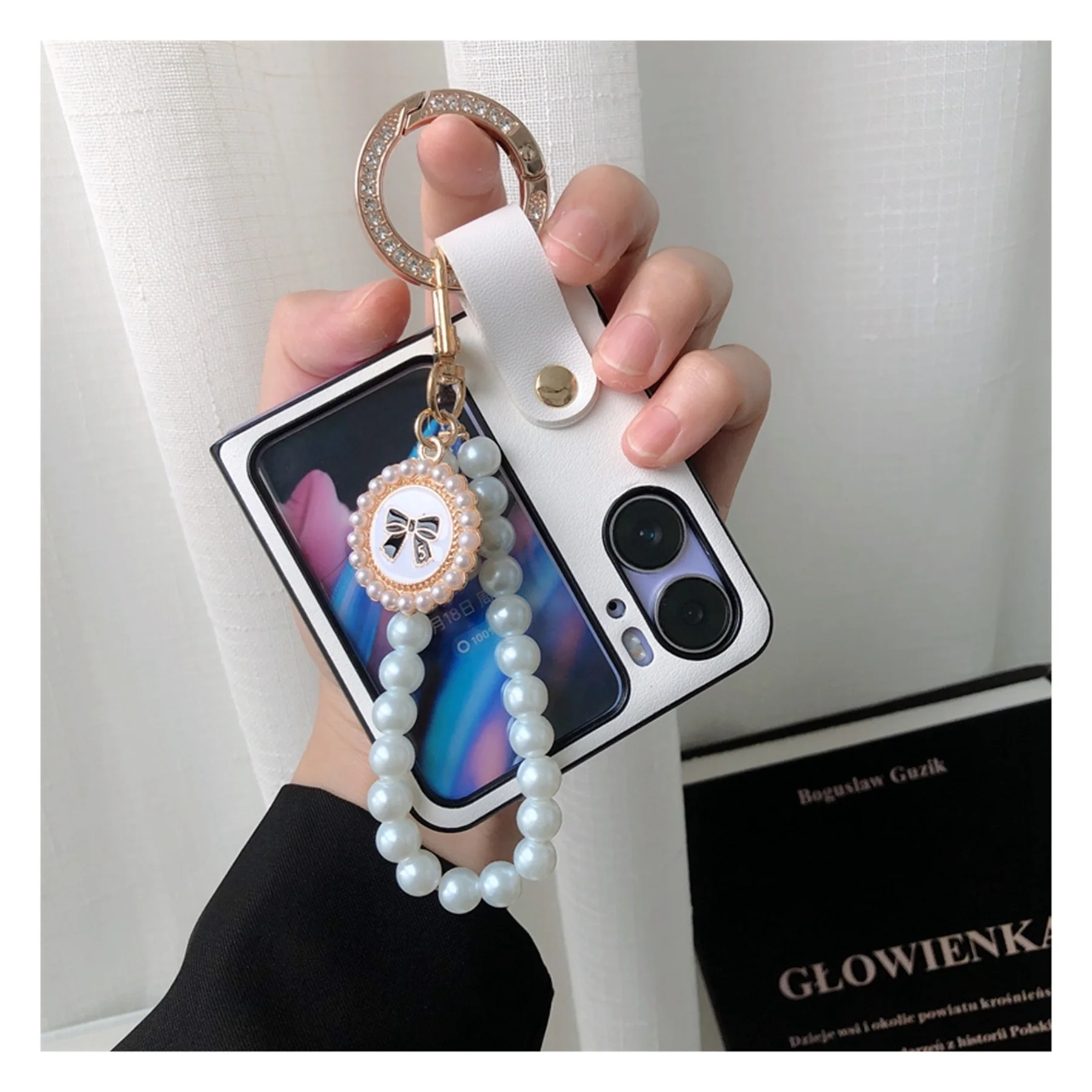 Luxury Coreano Glitter Ring Bow Pearl Bracciale Chain Custodia Bianca Per Oppo Find N2 Flip Cover Antiurto