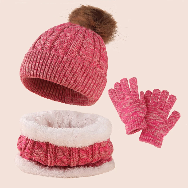 Knitted Hat Kids Knitted Set Beanies Baby Hat Pompom Winter Children Hat Knitted Cute Cap Scarf Gloves Suit For Girl Boy Casual Solid Color Baby Beanies