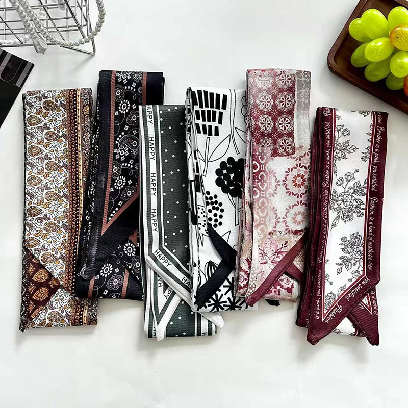 2026 Neu eingetroffen: Damen-Haarschal, modischer schmaler Satin-Schal mit Blumenmuster, Seidenband, Haarband, Taschenhenkelband – Detail 3