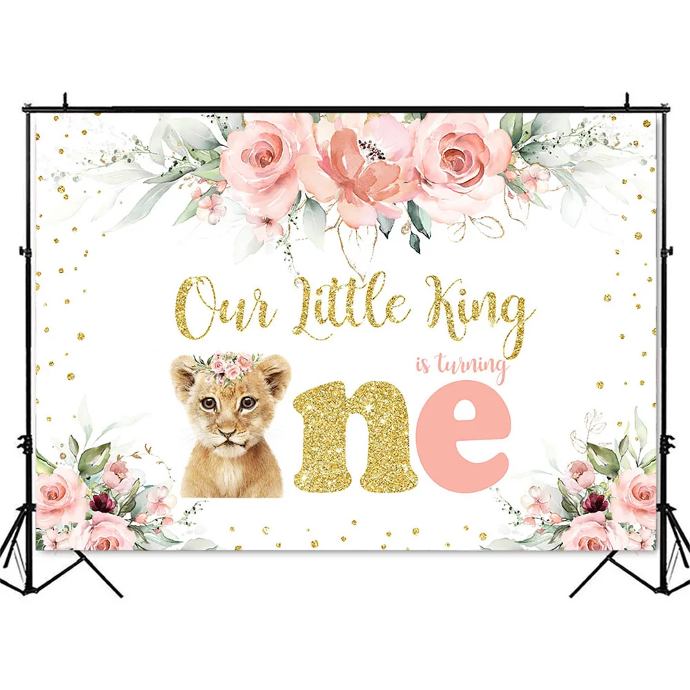 Our Little King is turing One Backdrop 1st Birthday Pink Flowers Photo Booth Background Gold Glitter Dots Photocall 