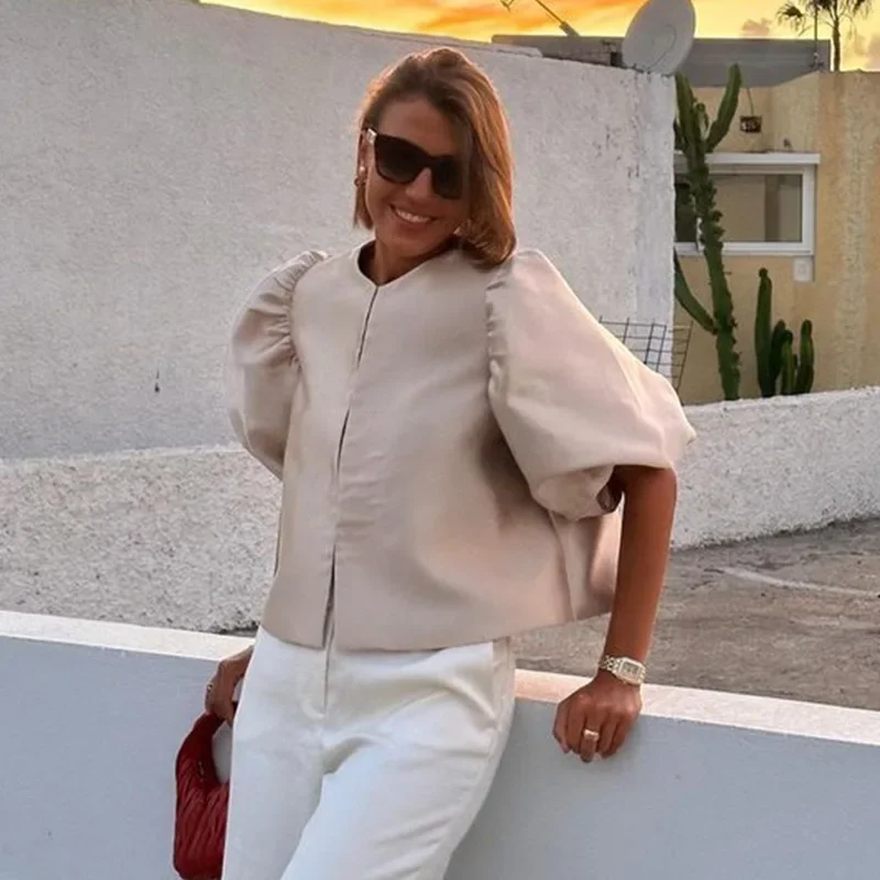 Elegant Satin Puff Short Sleeve Top Women Loose Solid Buckle O-neck Shirts Female 2025 Spring Summer Fashion Office Lady Outwear