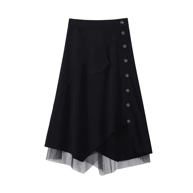 ruffle skirt Midi Skirts Womens 2022 Spring Fashion Elastic High Waist Button Mesh Patchwork Pleated Skirt Female Black Long Skirt Streetwear black maxi skirt