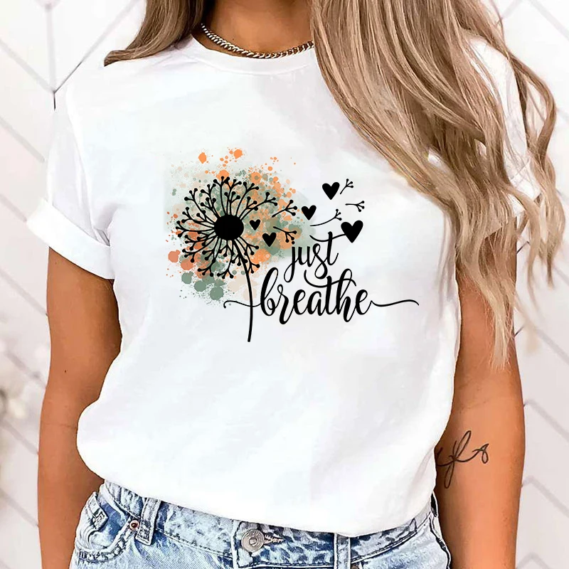 

(Premium T-shirt)Cute Dandelion Just Breathe T-Shirts For Women Summer Tee Shirt Femme Casual Short Sleeve Round Neck Tops