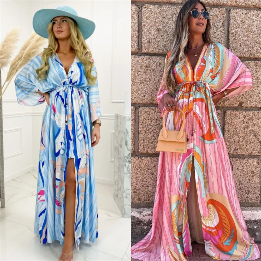 

Print Women Long Dresses Female Long Sleeve Loose Tunic Robe Casual Oversized Holiday Beach Boho 2023 New in Summer Dress
